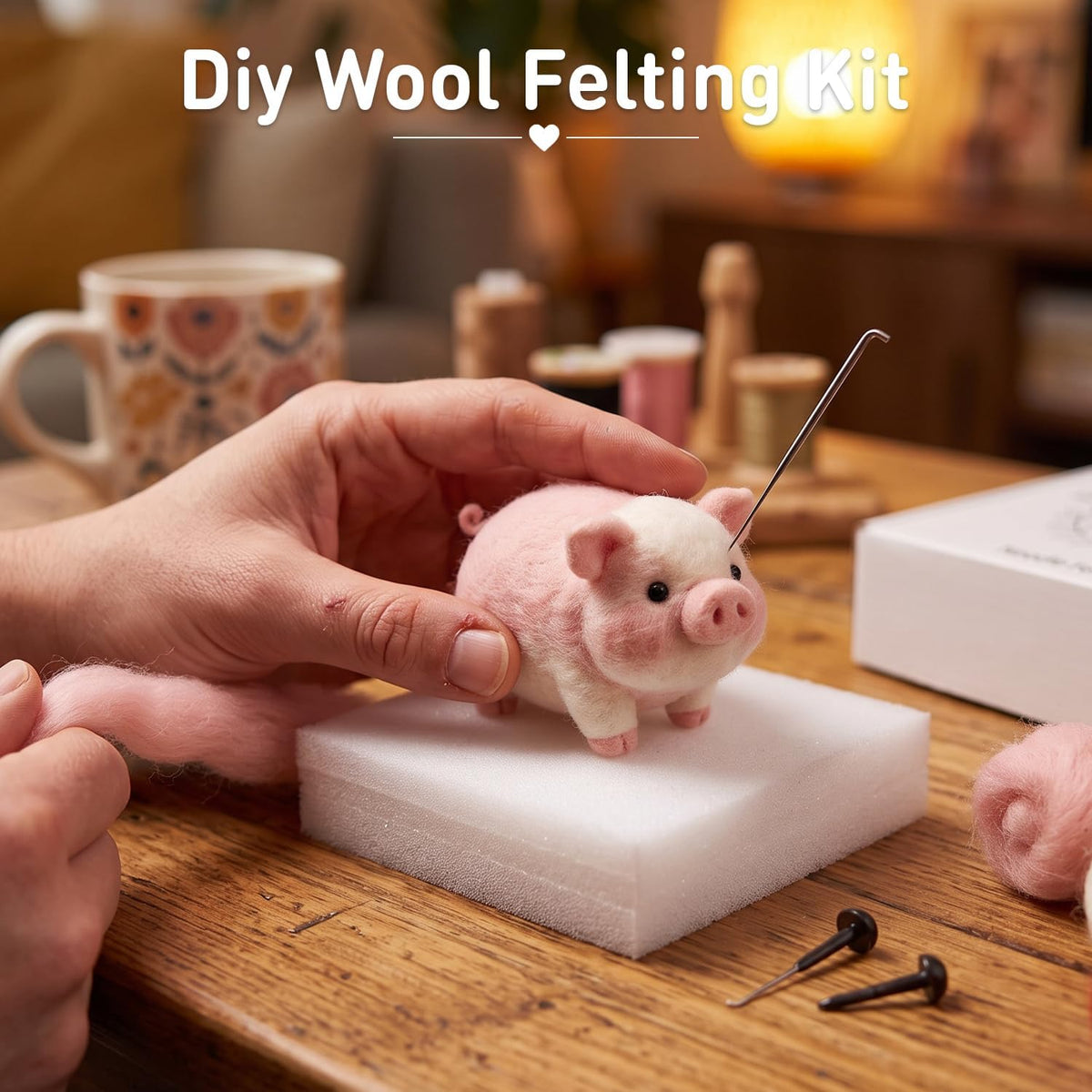 DIY Needle Felting Kit Cute Pink Pig – Needle Felting Starter Kit with Fiber Roving, Needles, Felting Pad & Instructions | Felted Farm Animal Kit for Beginners Adults | DIY Craft Gift Home Decoration