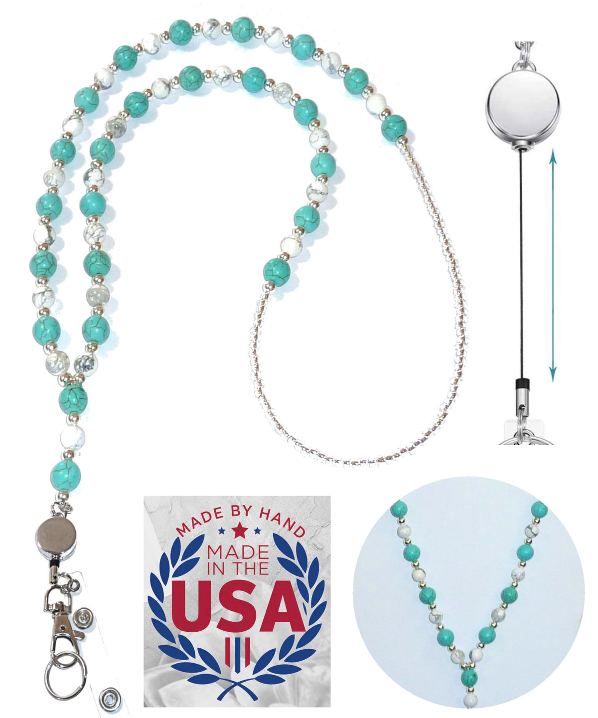 Hidden Hollow Beads Retractable Badge Reel, Women's Beaded Lanyard Strong ID Card Holder, Keys Teacher Nurse Cruise Keychain