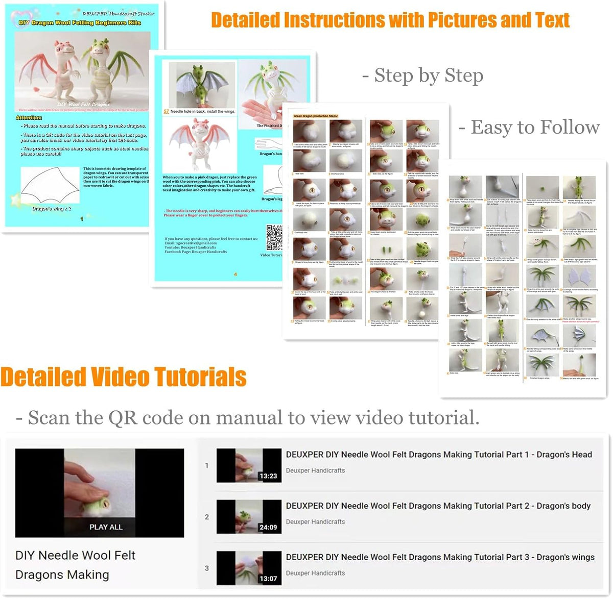 Needle Felting Kits for Beginners, Green and Pink Dragon Wool Felt Project