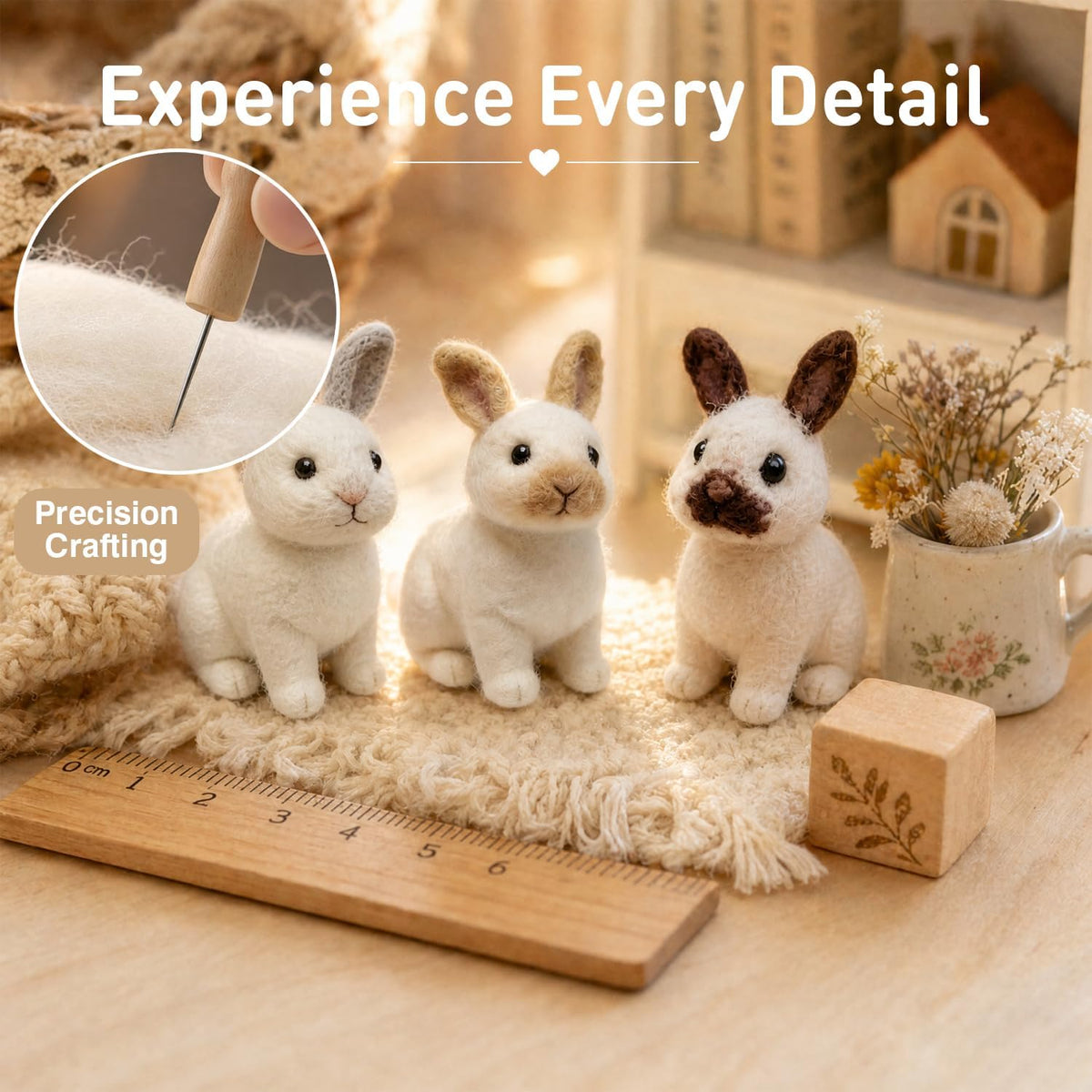 FACE N FACE DIY Needle Felting Kit Realistic White Rabbit Tan Ears – Needle Felting Starter Kit with Fiber Roving, Needles, Felting Pad & Instructions | Felted Rabbit Animal Kit for Beginners Adults