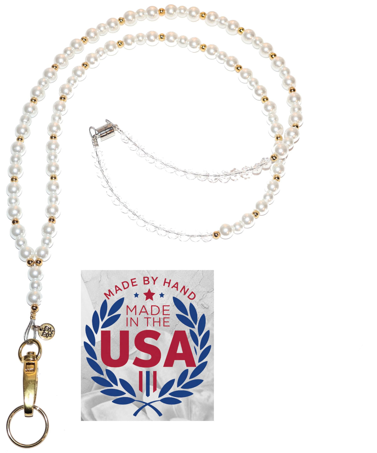 Hidden Hollow Beads Pearl & Gold Women's Handmade in USA Beaded Fashion Lanyard 34" Teacher ID Badge Holder Keys Cruise Phone