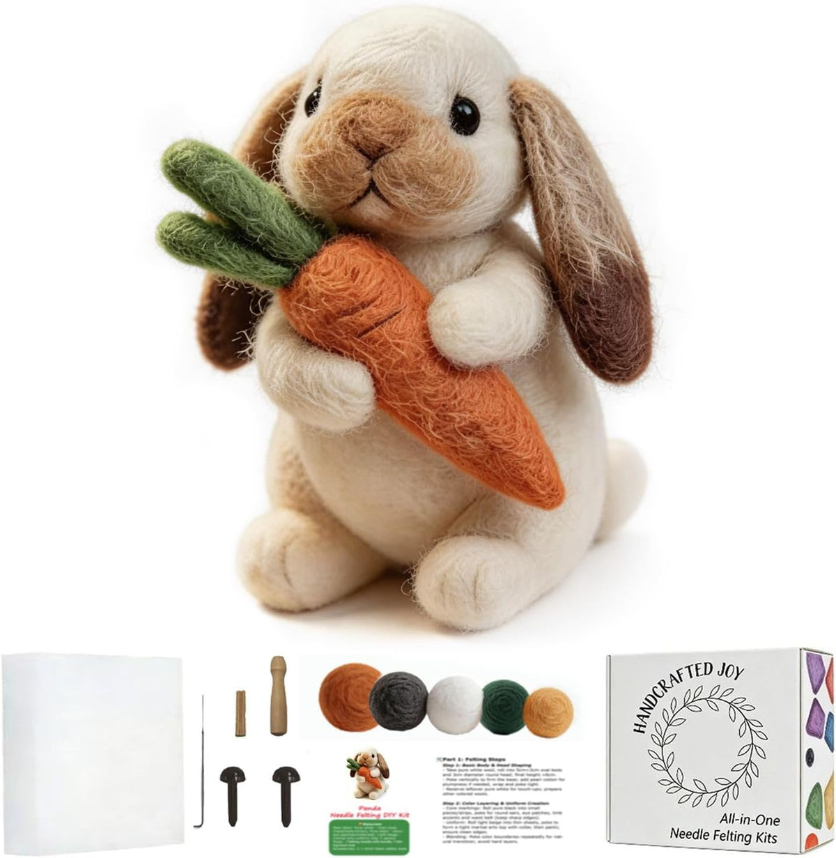 DIY Needle Felting Kit Cute Brown Lop-Eared Bunny Holding Carrot – Needle Felting Starter Kit with Fiber Roving, Needles, Felting Pad & Instructions | Felted Rabbit Kit for Beginners Adults