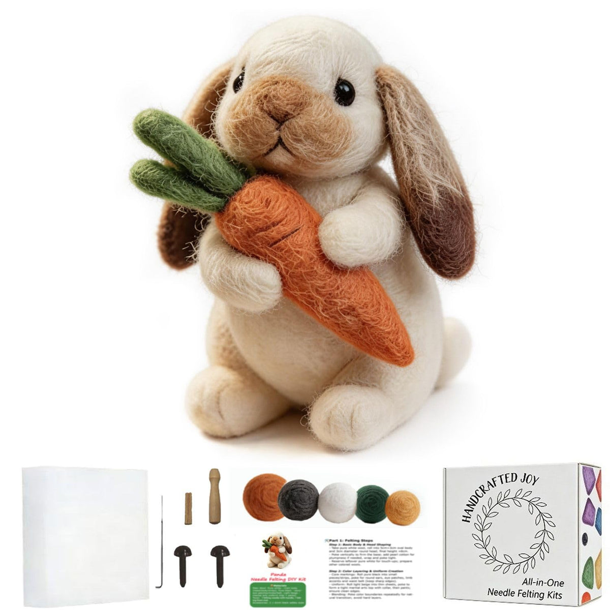 DIY Needle Felting Kit Cute Brown Lop-Eared Bunny Holding Carrot – Needle Felting Starter Kit with Fiber Roving, Needles, Felting Pad & Instructions | Felted Rabbit Kit for Beginners Adults