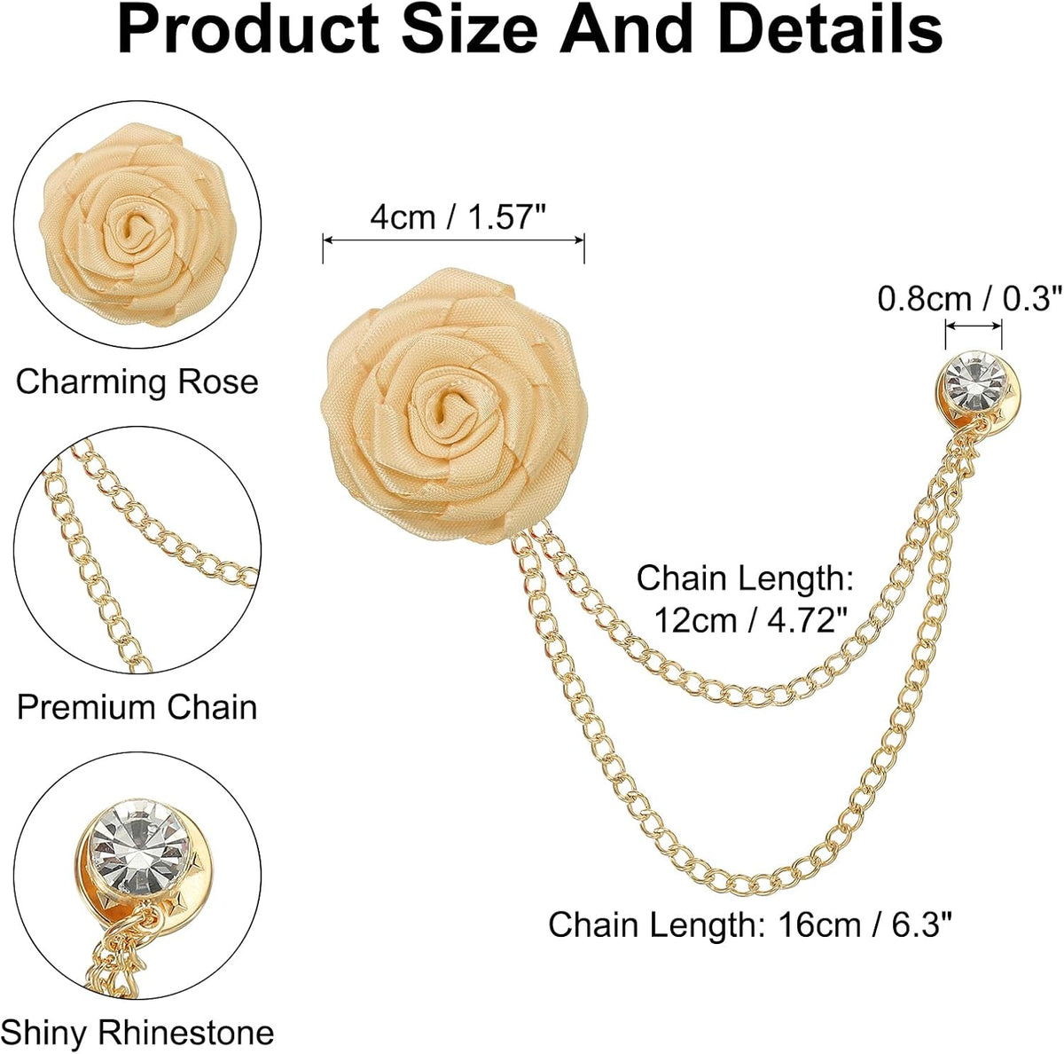 MECCANIXITY Wedding Brooches Bridegroom Rose Flower Brooch Pin for Men Cloth Art Handmade Badge Tassel Chain Men's Suit Accessories, Champagne
