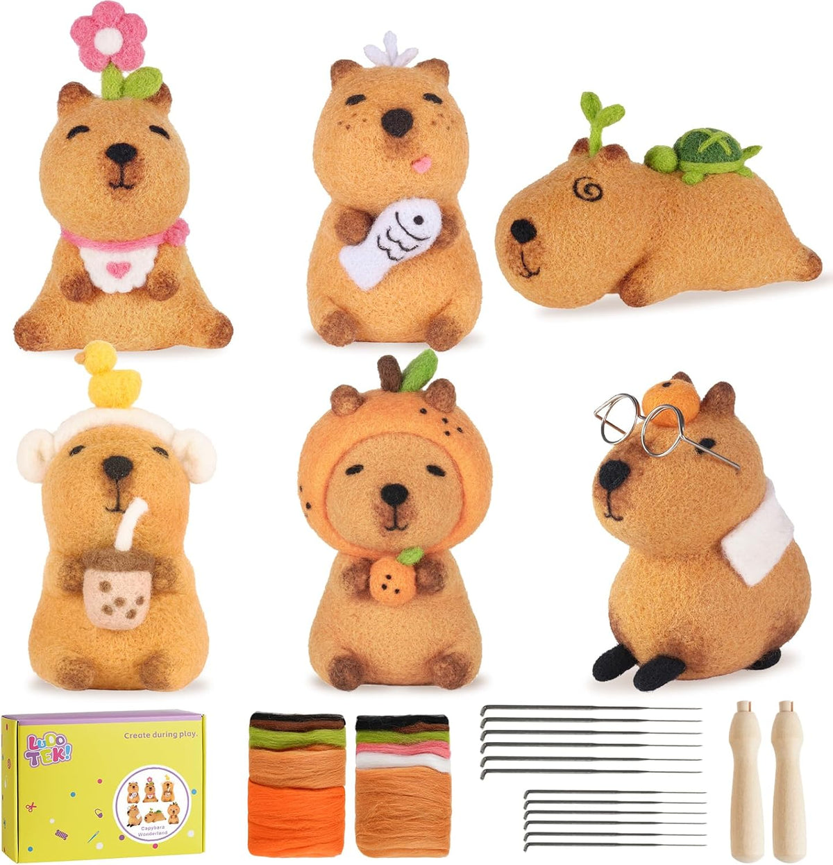 LUDOTEK Needle Felting Kit, 6 PCS Farm Animal Needle Felting Beginner Kits, Wool Felt Needle Felting Tools Foam Pad, Craft Party Supplies for Beginners Adult(6pack Capybara)