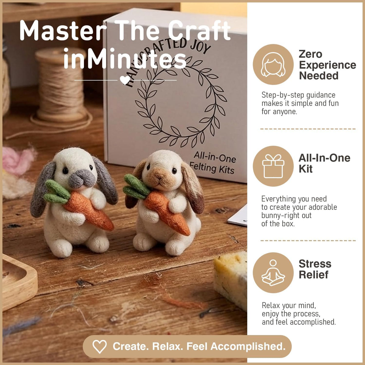 DIY Needle Felting Kit Cute Brown Lop-Eared Bunny Holding Carrot – Needle Felting Starter Kit with Fiber Roving, Needles, Felting Pad & Instructions | Felted Rabbit Kit for Beginners Adults