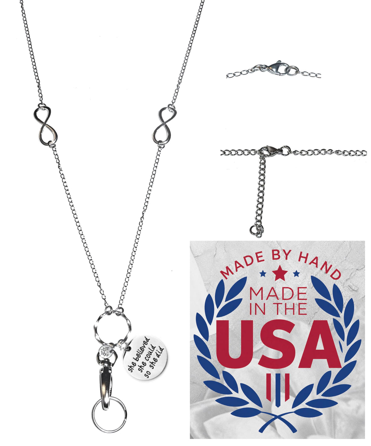 Hidden Hollow Beads Charm Stainless Steel Strong Hand Made USA Women's 34 "Lanyard, ID Badge Card Holder Teacher Nurse Keys