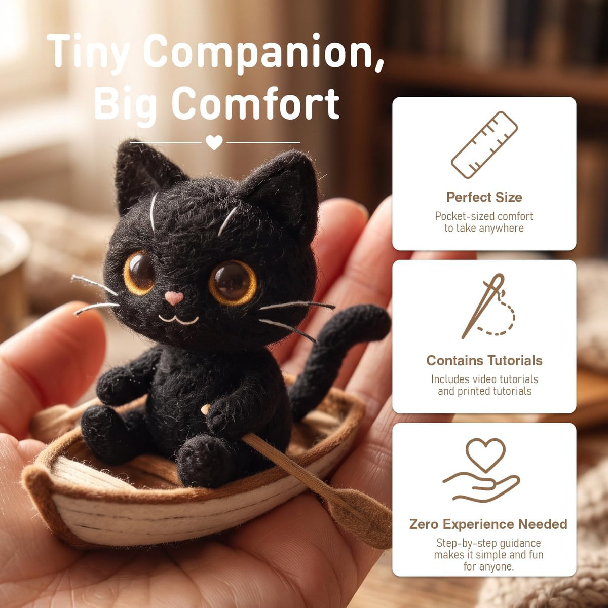 DIY Needle Felting Kit Black Cat in Rowing Boat – Needle Felting Starter Kit with Fiber Roving, Needles, Felting Pad & Instructions | Felted Cat Kit for Beginners Adults | Unique DIY Craft Gift