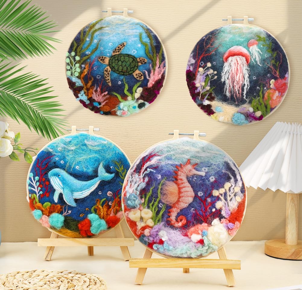 Fedmut Needle Felting Kit, Wool Felting Kit 4 Set Sea Animal Painting Frame