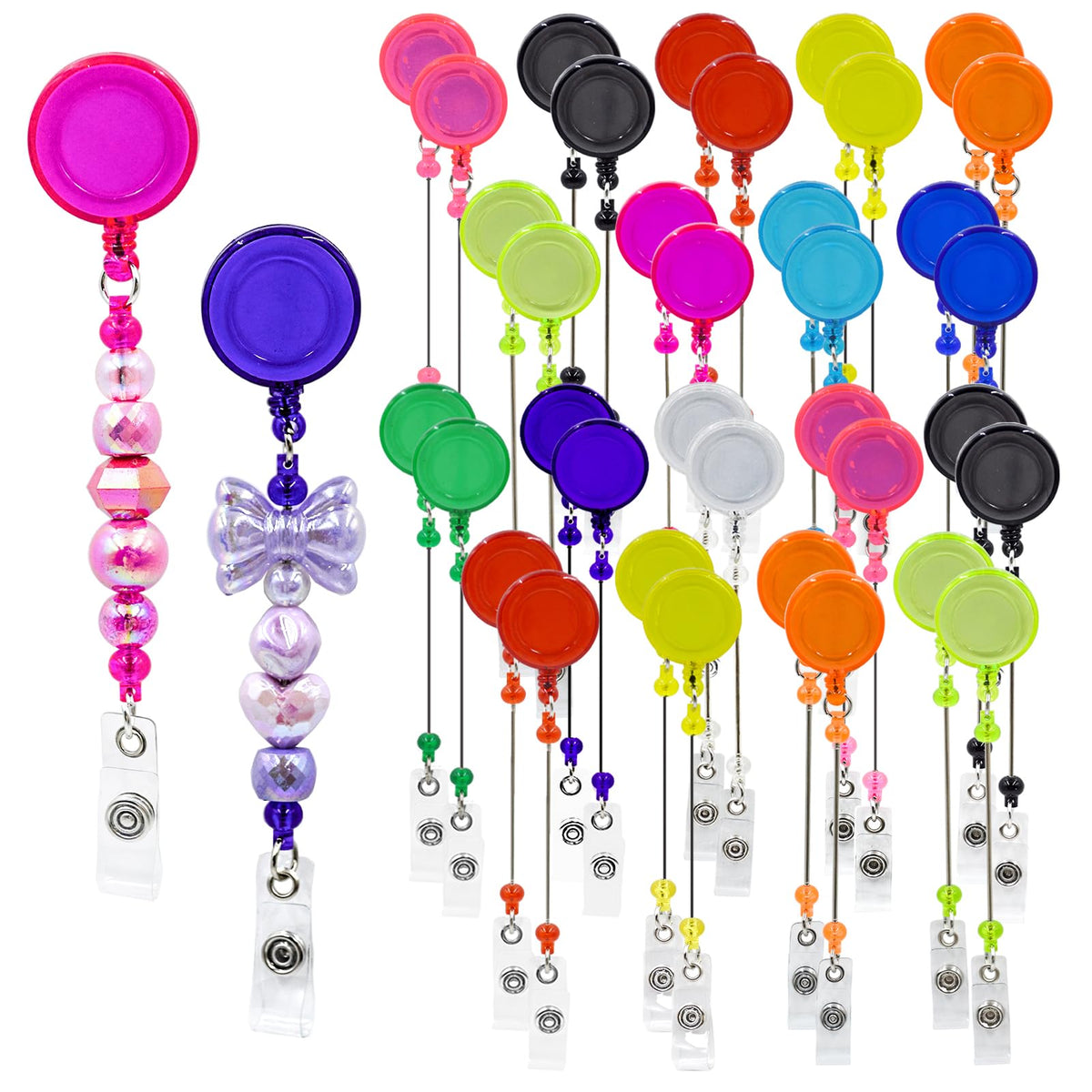 15pcs Colorful Beadable Badge Reels Making Kits - Beaded Blank Bars Bulk - Retractable Badge Reel with Belt Clip for ID Name DIY Gift Beadable Items for Nurses, Teachers, Students, Office, Workers
