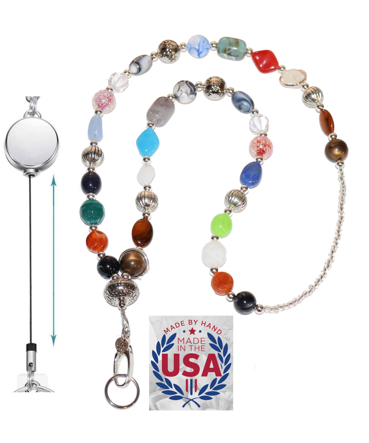 Hidden Hollow Beads Retractable Badge Reel, Women's Beaded Lanyard Strong ID Card Holder, Keys Teacher Nurse Cruise Keychain