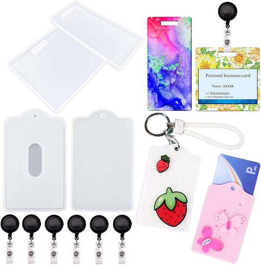 2 Set Resin Work Card Holder Silicone Mold with 6 Pieces ID Badge Reel Clip for Name Badge Buddy Tags ID Card Holder Resin Mold Making PVC ID IC Business Card Craft Handmade DIY Tool
