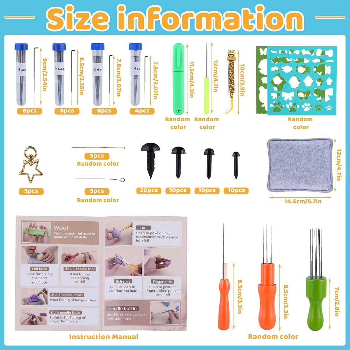 JNENERY Needle Felting Kit, 42 Colors Wool Roving Starter Kit