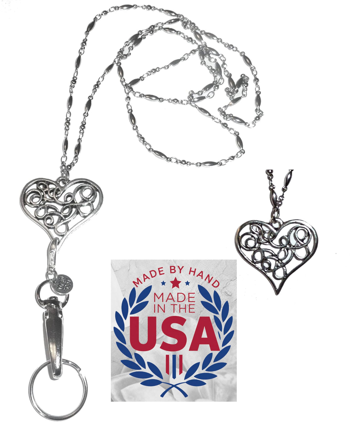 Hidden Hollow Beads Women's Lanyard Strong Stainless Steel Chain Heart Hand Made USA, 34" ID Badge Breakaway Card Holder Keys