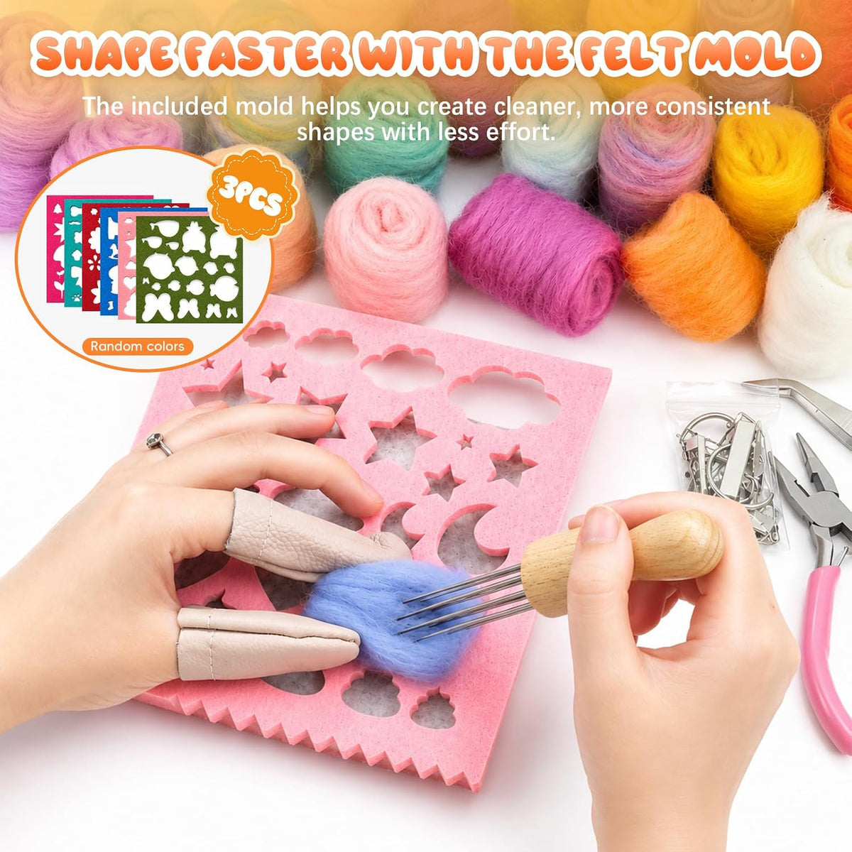 iptek Needle Felting Kit for Beginners, 30 Colors Wool Roving with Felting Needles, Felt Molds, Foam Pad, Storage Box & Instructions, Starter Kit for DIY Animals, Keychains & Crafts