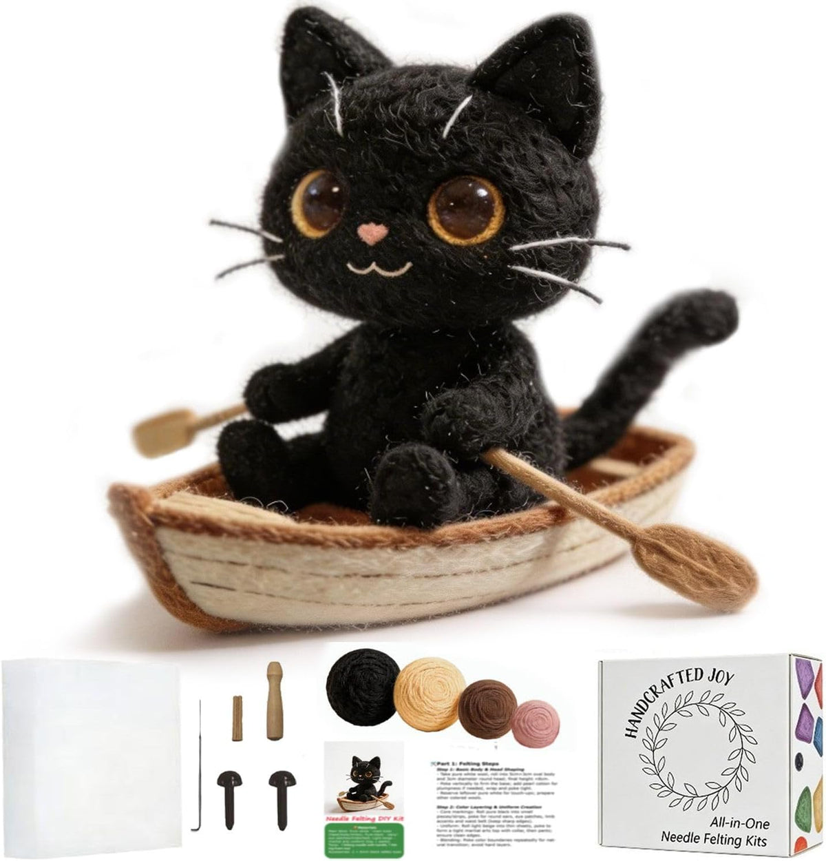 DIY Needle Felting Kit Black Cat in Rowing Boat – Needle Felting Starter Kit with Fiber Roving, Needles, Felting Pad & Instructions | Felted Cat Kit for Beginners Adults | Unique DIY Craft Gift