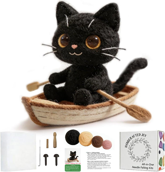 DIY Needle Felting Kit Black Cat in Rowing Boat – Needle Felting Starter Kit with Fiber Roving, Needles, Felting Pad & Instructions | Felted Cat Kit for Beginners Adults | Unique DIY Craft Gift