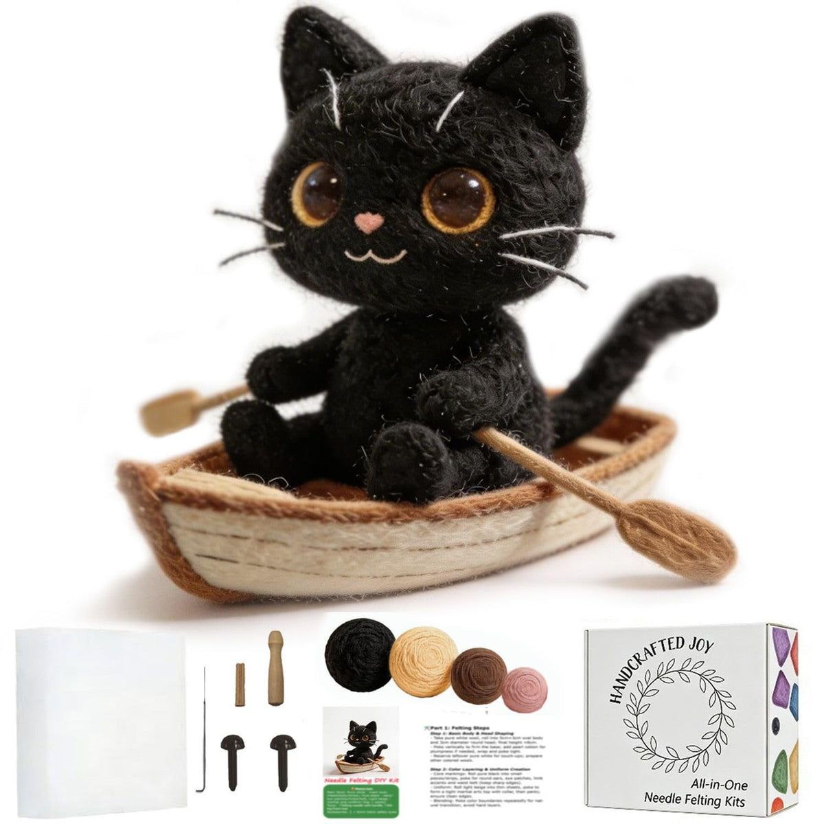 DIY Needle Felting Kit Black Cat in Rowing Boat – Needle Felting Starter Kit with Fiber Roving, Needles, Felting Pad & Instructions | Felted Cat Kit for Beginners Adults | Unique DIY Craft Gift