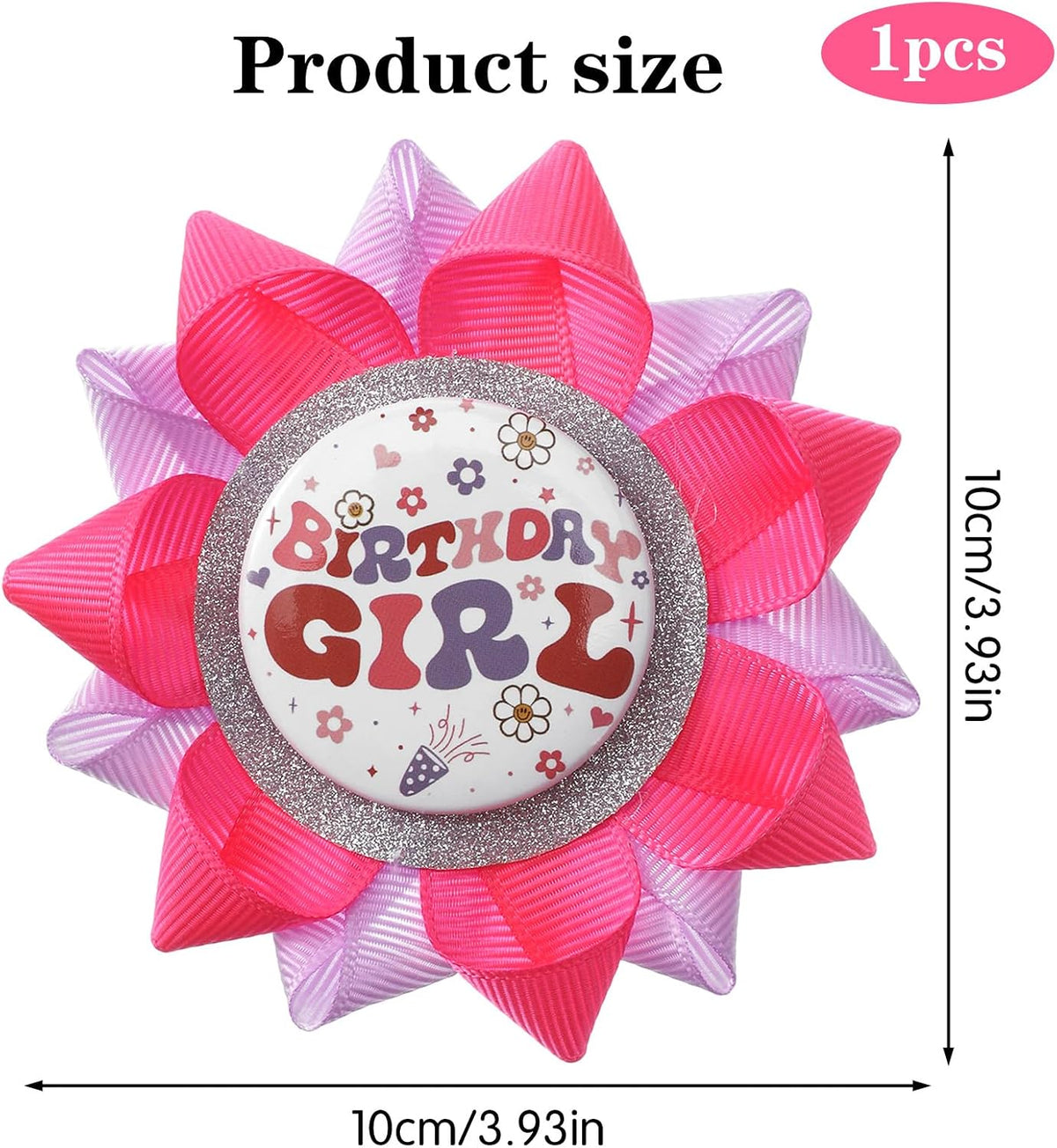 Handmade "BIRTHDAY GIRL" Button Pin 4 Inch Hot Pink and Purple