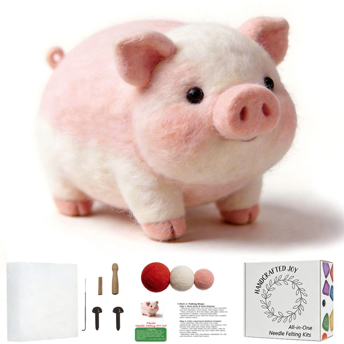 DIY Needle Felting Kit Cute Pink Pig – Needle Felting Starter Kit with Fiber Roving, Needles, Felting Pad & Instructions | Felted Farm Animal Kit for Beginners Adults | DIY Craft Gift Home Decoration