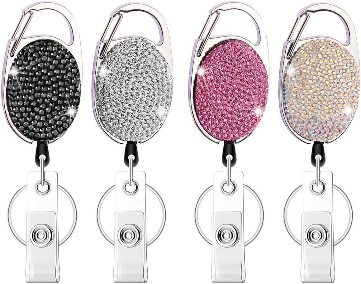 Rhinestone Retractable Badge Holder Reels with Belt Clip & Key Ring 4-Pack