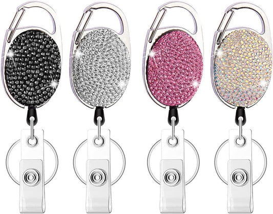 Rhinestone Retractable Badge Holder Reels with Belt Clip & Key Ring 4-Pack