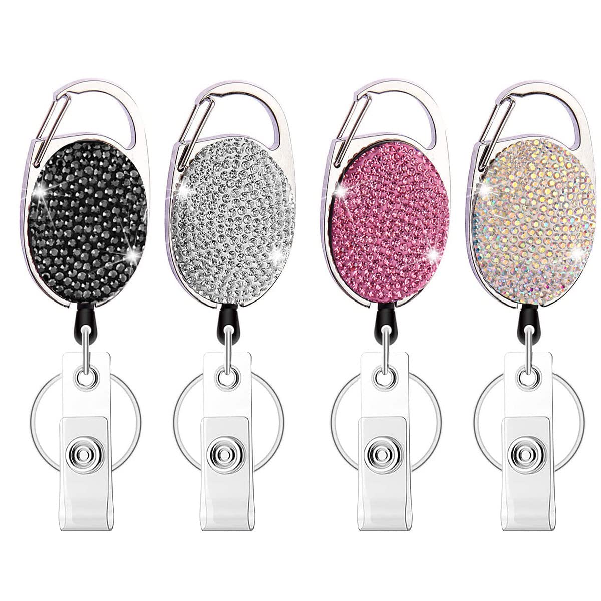 Rhinestone Retractable Badge Holder Reels with Belt Clip & Key Ring 4-Pack
