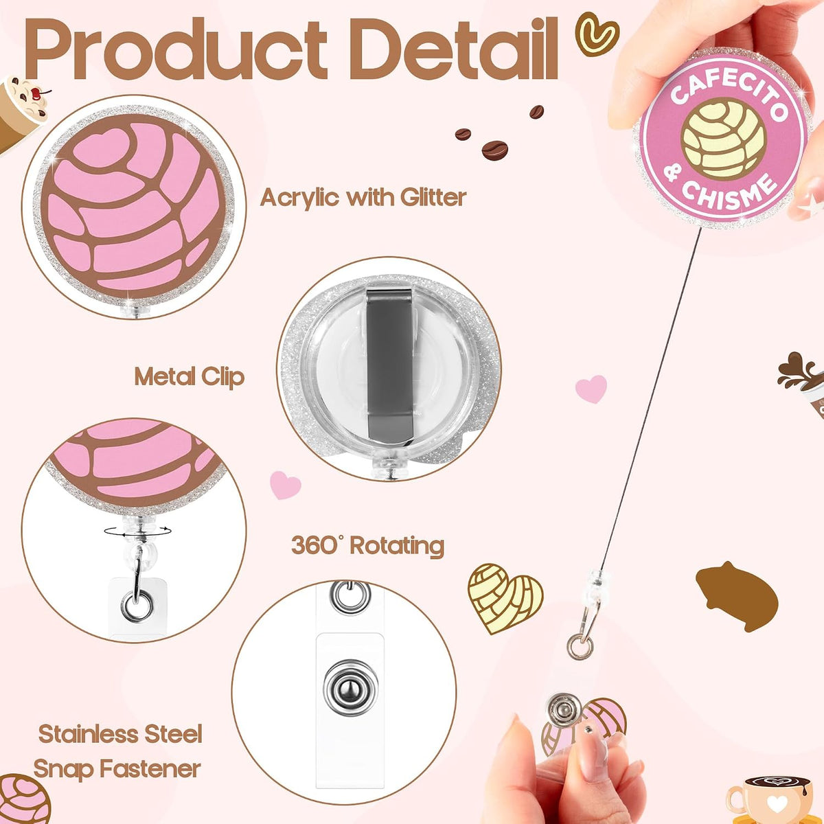 Eartim Cafecito Y Chisme Glitter Badge Reels Cute Coffee Name Tag Holders