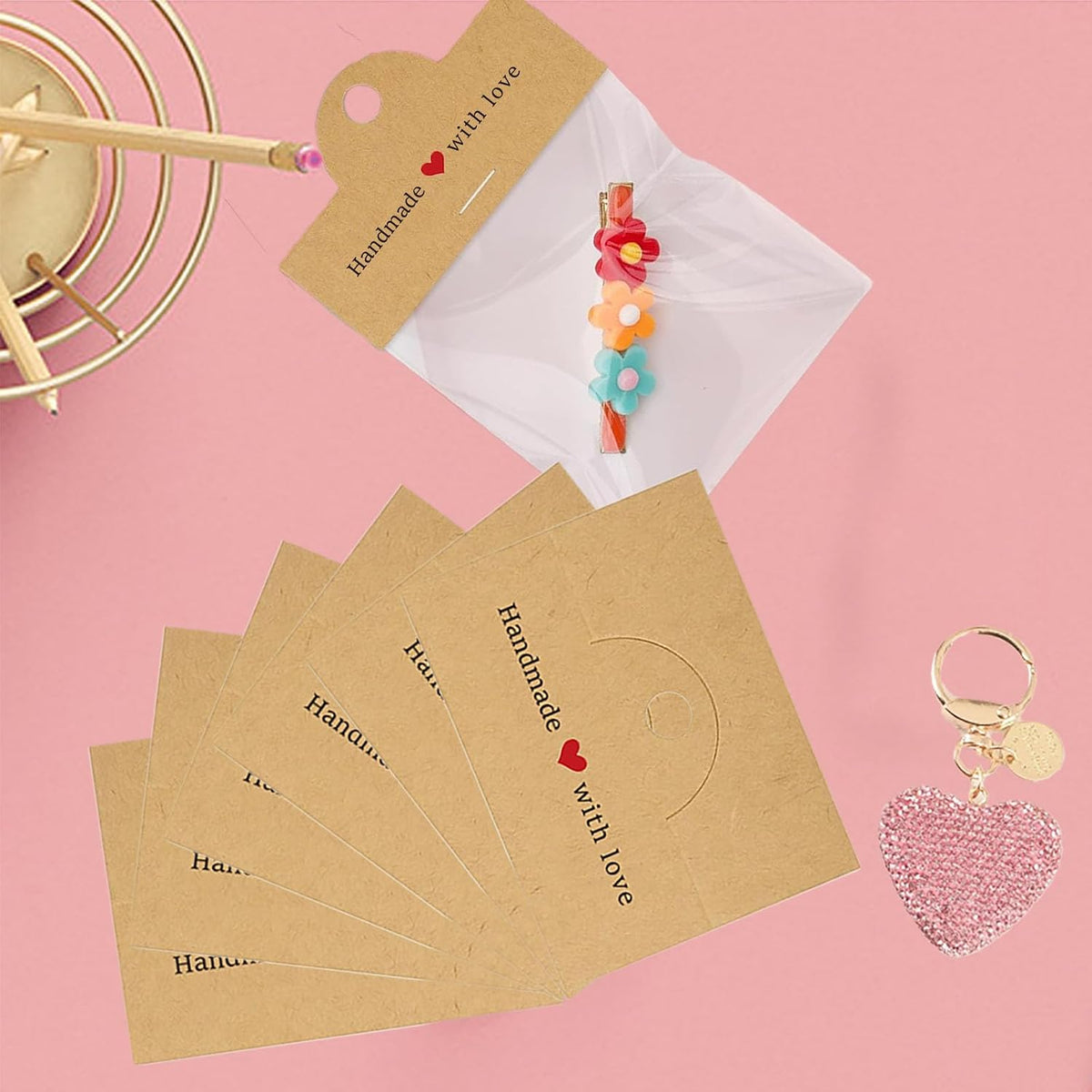 100Pcs Jewelry Packaging for Small Business, Handmade with Love Jewelry Display Cards with Clear Bags for Selling, Small Craft Packaging Set for Bracelets, Key Chains, Earring (Kraft)