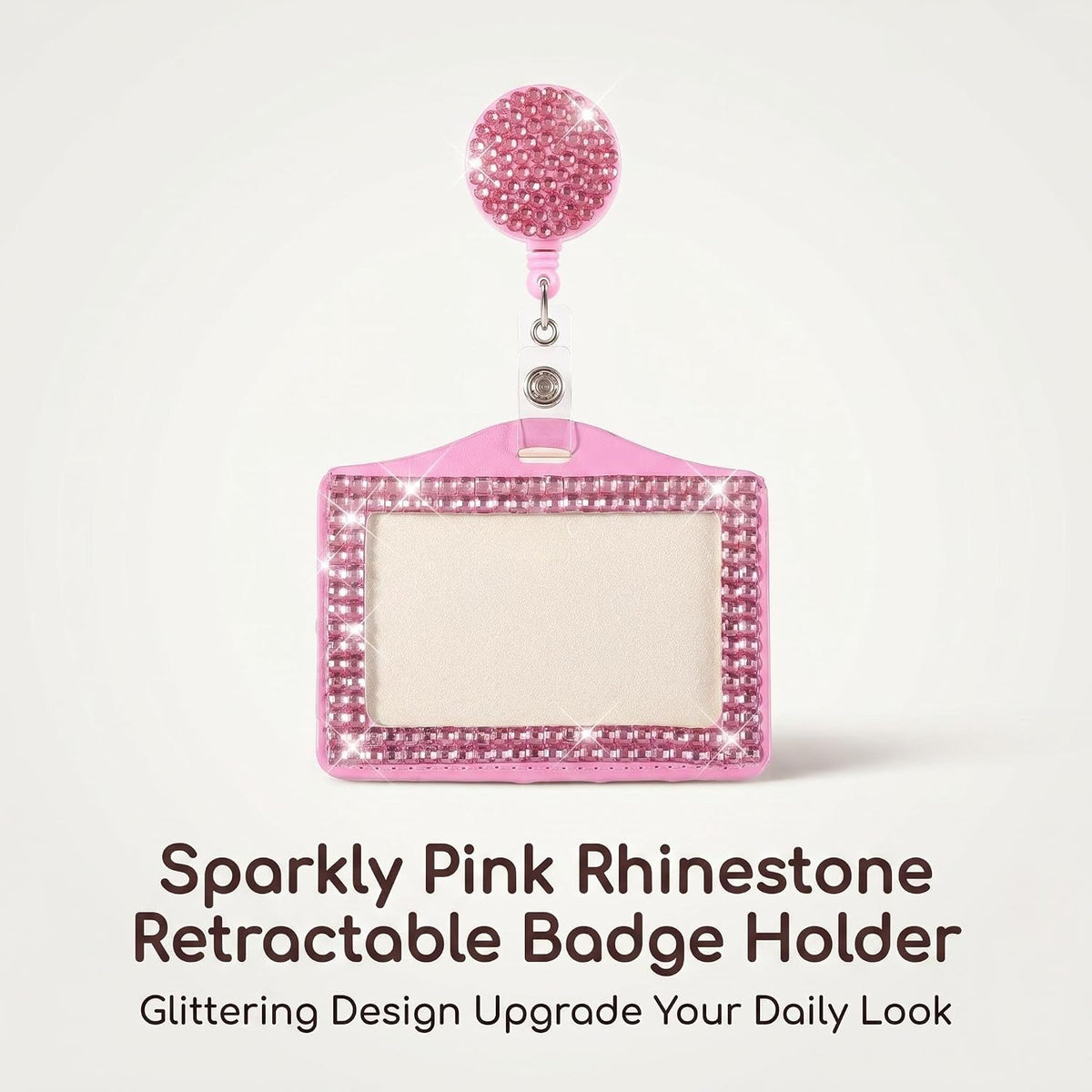 Fashion Premium Baby Pink Crystal Neck Lanyard,Retractable Bling ID Name Badge Holder,Portable Rhinestone Work Badge Reel Clip for Nurse,Teacher,Women,Doctor(Horizotal Card Holder)