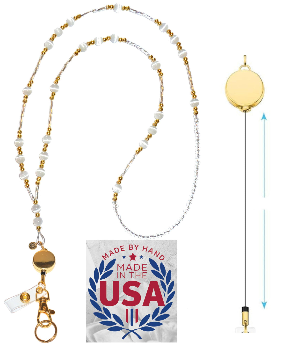 Hidden Hollow Beads Retractable Badge Reel, Women's Beaded Lanyard Strong ID Card Holder, Keys Teacher Nurse Cruise Keychain