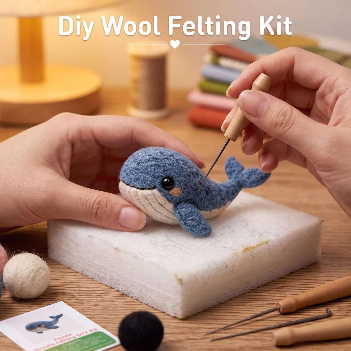 FACE N FACE DIY Needle Felting Kit Cute Blue Whale – Needle Felting Starter Kit with Fiber Roving, Needles, Felting Pad & Instructions | Felted Ocean Animal Kit for Beginners Adults | DIY Craft Gift