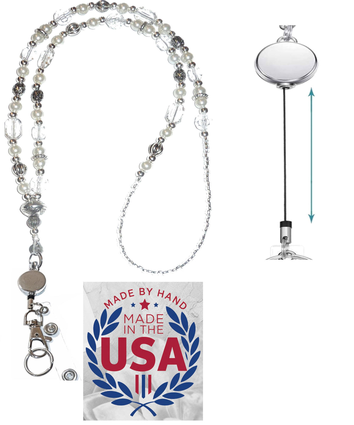 Hidden Hollow Beads Retractable Badge Reel, Women's Beaded Lanyard Strong ID Card Holder, Keys Teacher Nurse Cruise Keychain