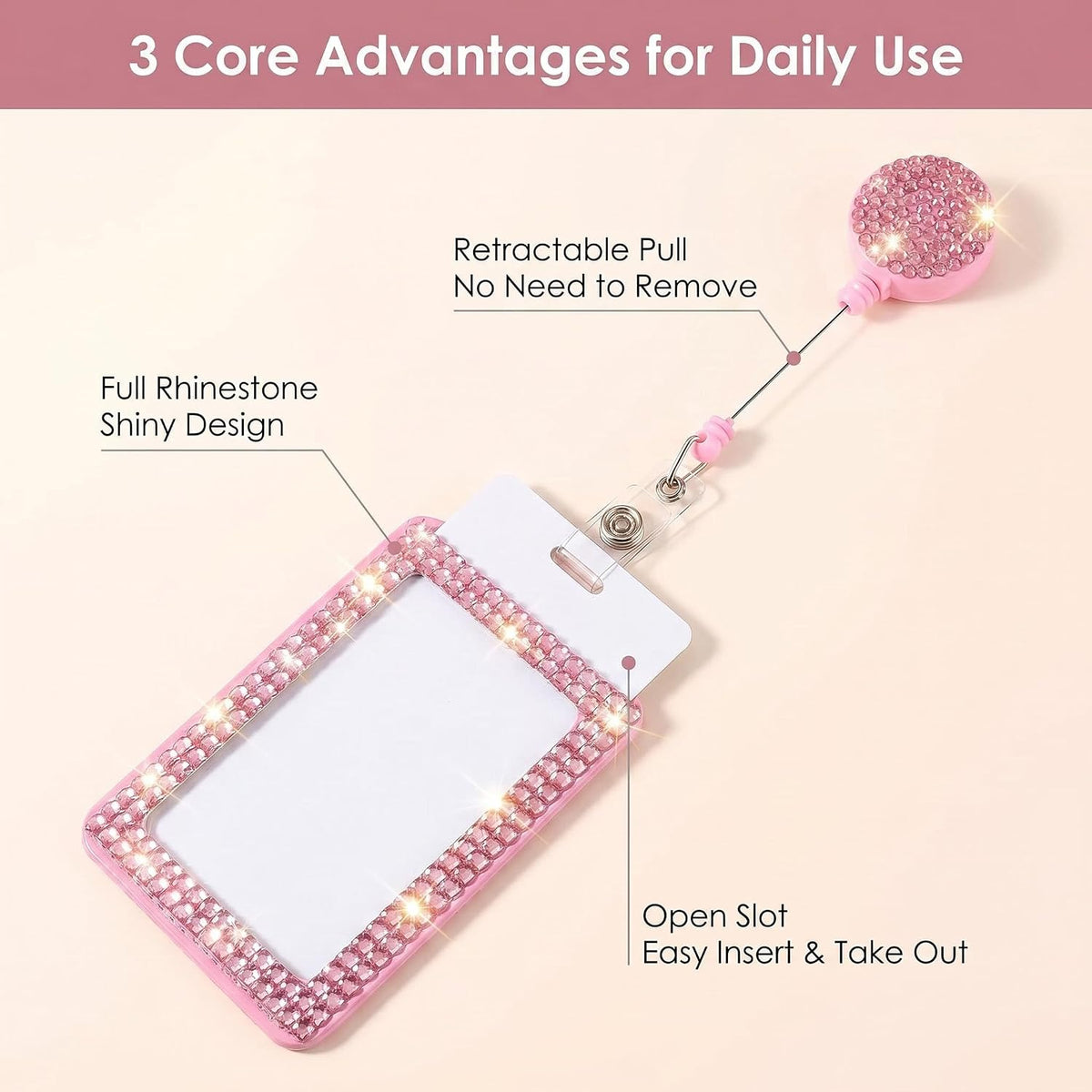 Fashion Retractable Pink Crystal Neck Lanyard,Premium Bling ID Name Badge Holder,Portable Rhinestone Work Badge Reel Clip for Nurse,Teacher,Doctor,Women(Vertical Card Holder,Baby Pink)
