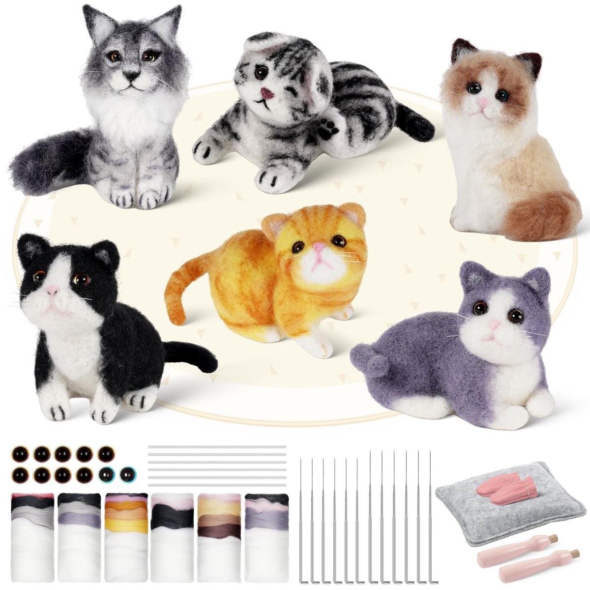 MOREJMTT Needle Felting Kit, 6 PCS Animal Needle Felting Beginner Kits, Wool Felt Needle Felting Tools Foam Pad, Craft Party Supplies for Beginners Adult(Cat Family)