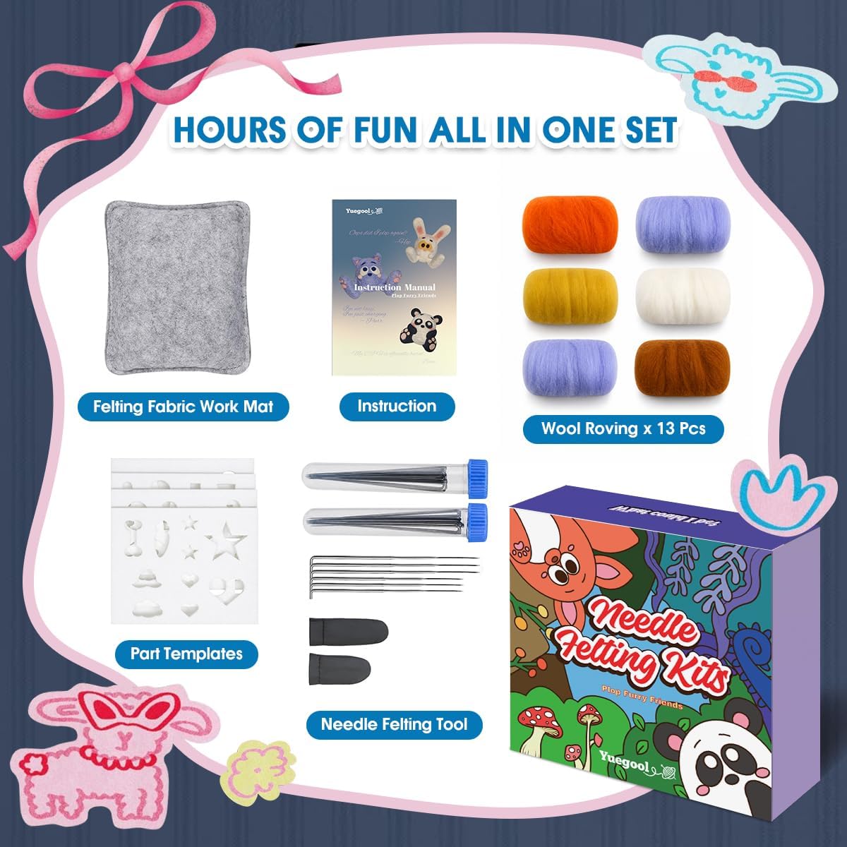yuegool Needle Felting Kit Beginners, 6 Sets Exclusive Animals Wool Craft