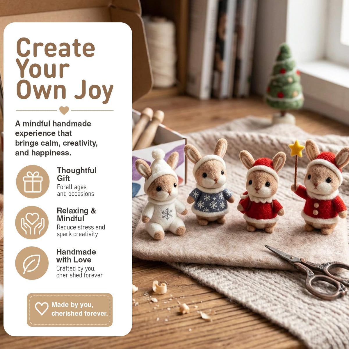 DIY Needle Felting Kit Christmas Santa Bunny – Needle Felting Starter Kit with Fiber Roving, Needles, Felting Pad & Instructions | Felted Animal Kit for Beginners Adults Holiday DIY Craft Gift