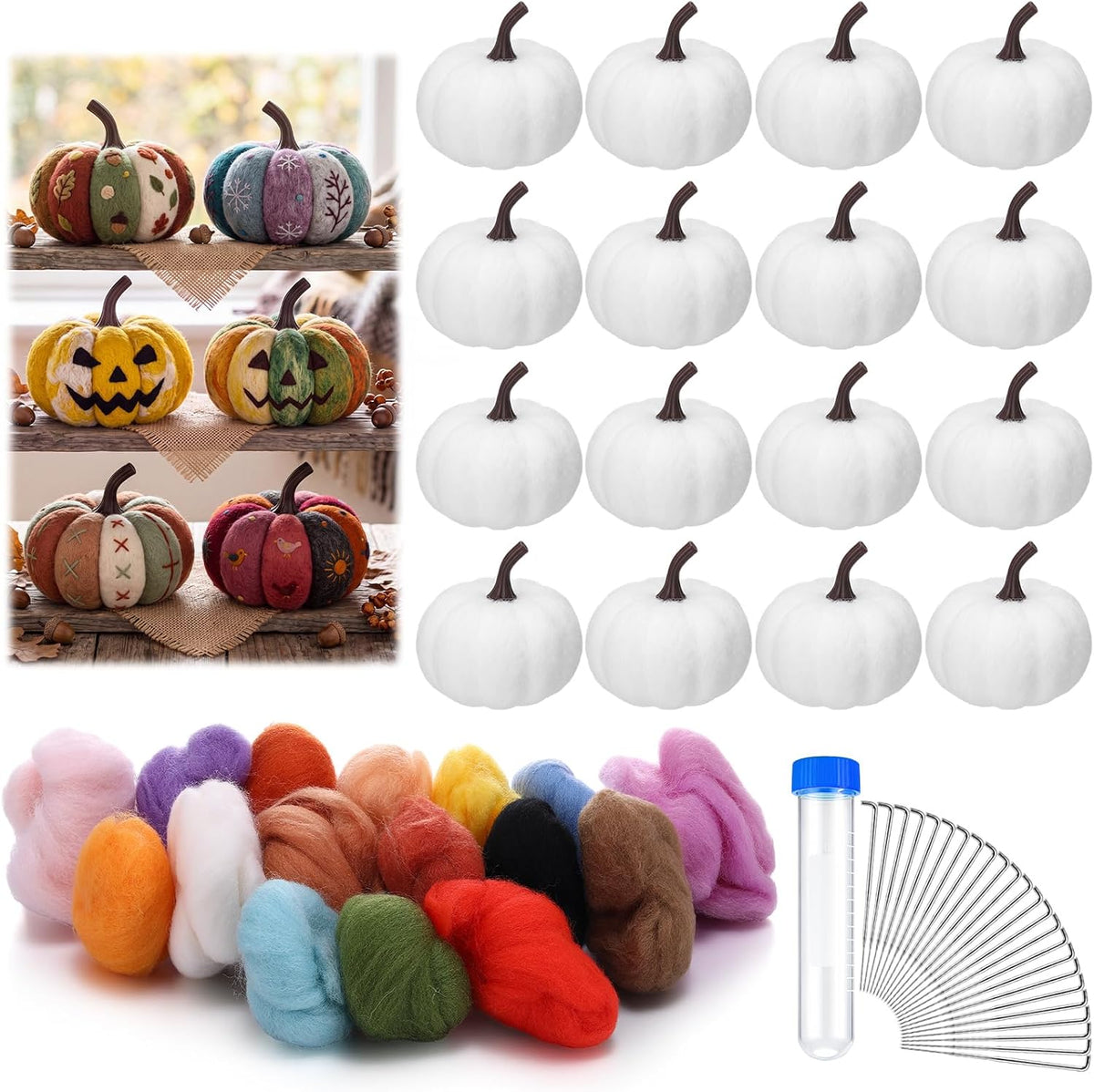 Frienda 16 Set Pumpkin Needle Felting Kits for Fall Halloween Thanksgiving