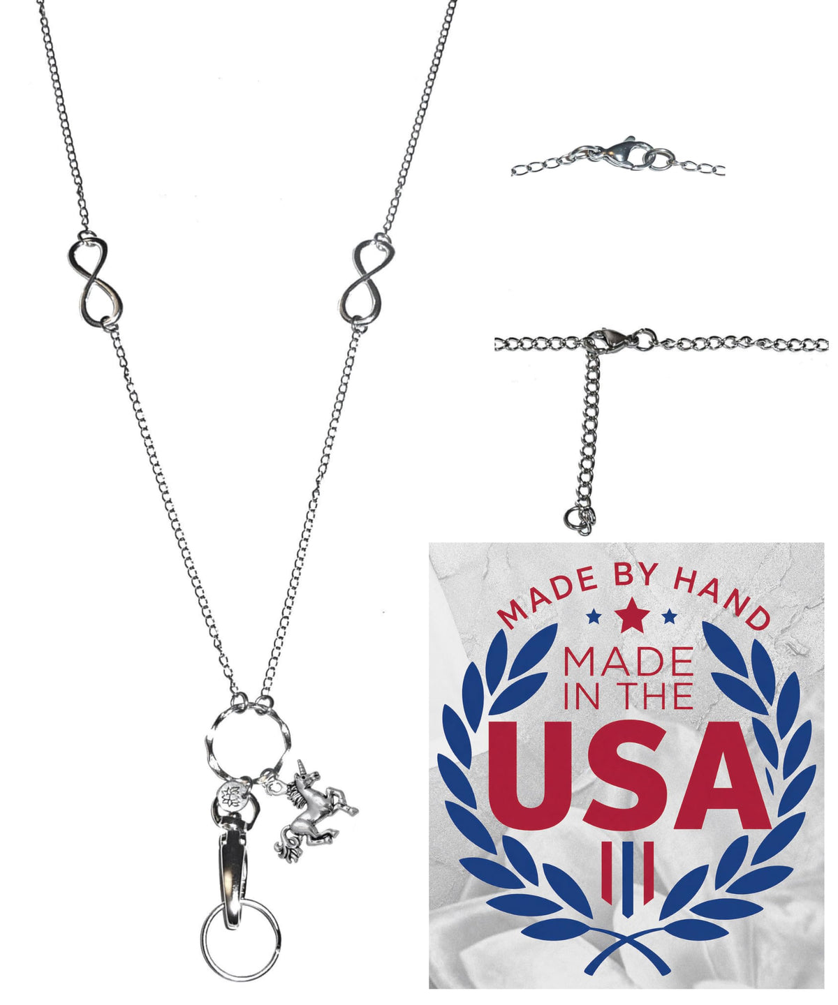 Hidden Hollow Beads Charm Stainless Steel Strong Hand Made USA Women's 34 "Lanyard, ID Badge Card Holder Teacher Nurse Keys
