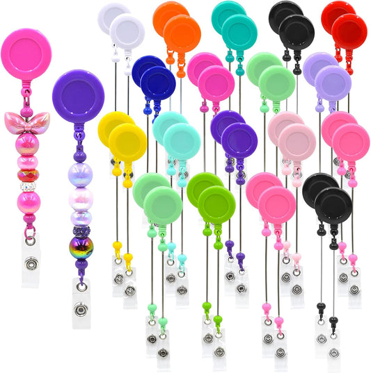 15pcs Colorful Beadable Badge Reels Making Kits - Beaded Blank Bars Bulk - Retractable Badge Reel with Belt Clip for ID Name DIY Gift Beadable Items for Nurses, Teachers, Students, Office, Workers