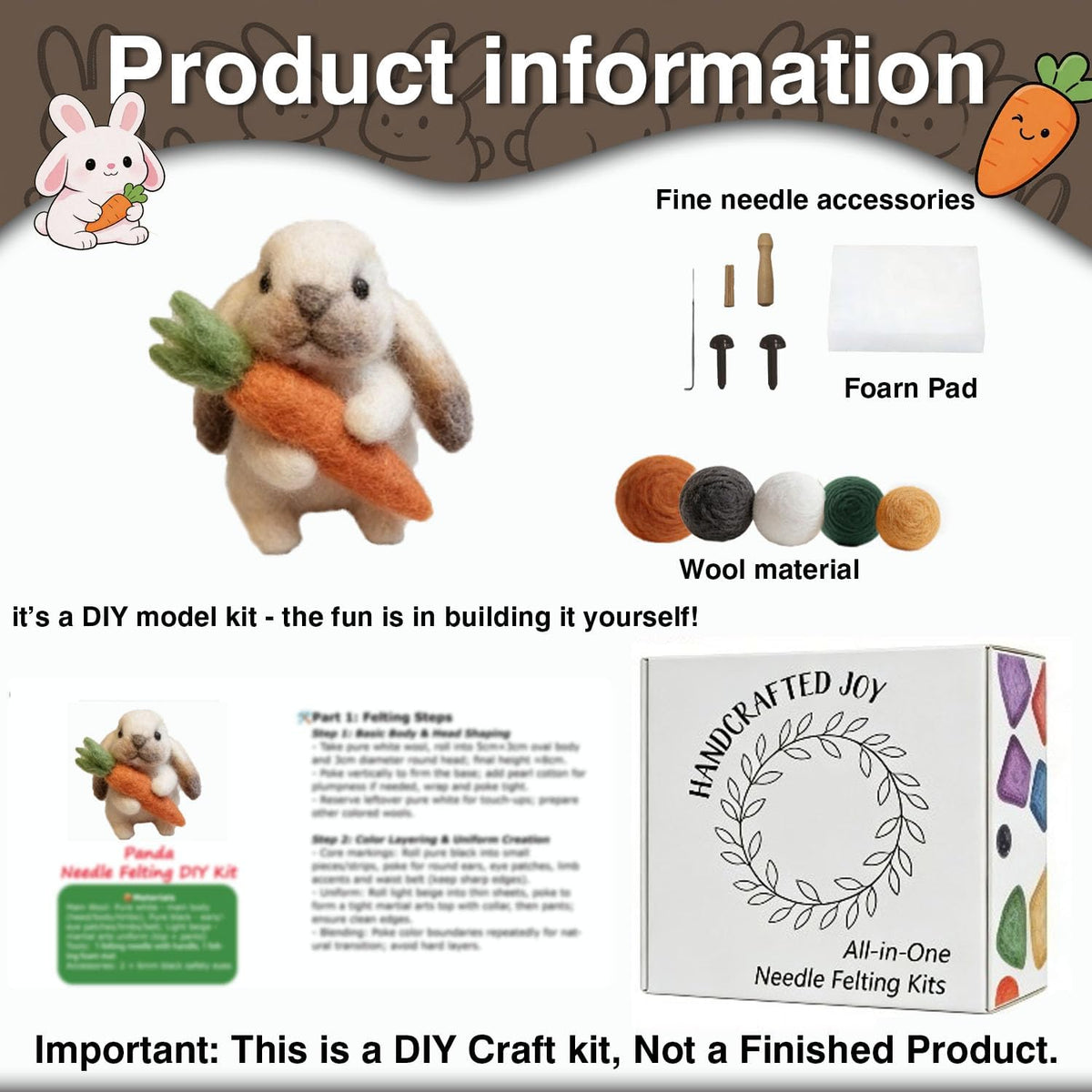 DIY Needle Felting Kit Cute Brown Lop-Eared Bunny Holding Carrot – Needle Felting Starter Kit with Fiber Roving, Needles, Felting Pad & Instructions | Felted Rabbit Kit for Beginners Adults