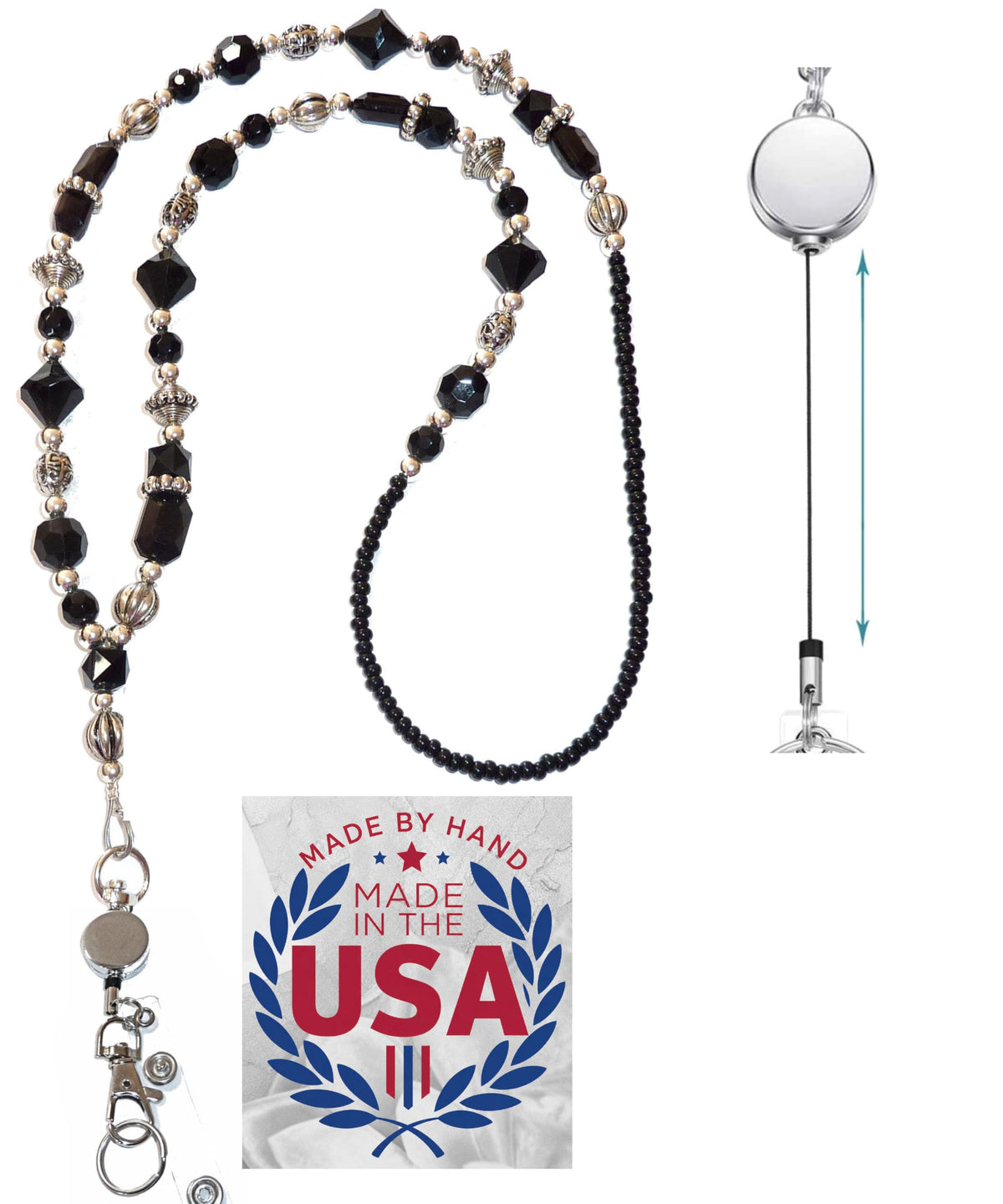 Hidden Hollow Beads Retractable Badge Reel, Women's Beaded Lanyard Strong ID Card Holder, Keys Teacher Nurse Cruise Keychain