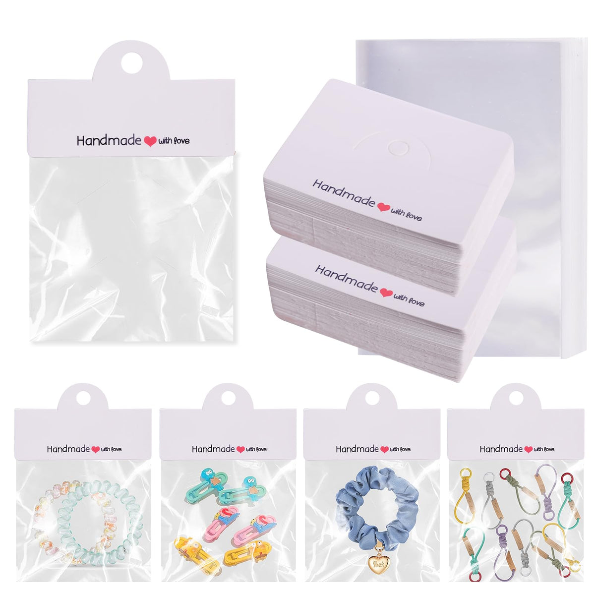 100PCS Bracelet Display Cards with 100PCS Jewelry Bags,Thick Clear Packaging Bags for Small Business,Bracelet,Keychain,Charms,Earrings,Car Coaster (Black)