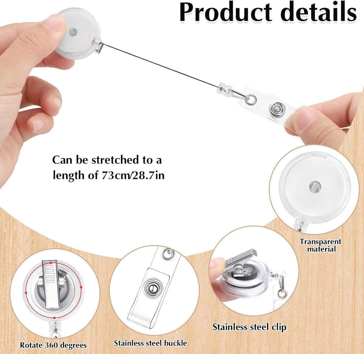 50 Pack Retractable Badge Reels with Swivel Alligator Clip, Clear