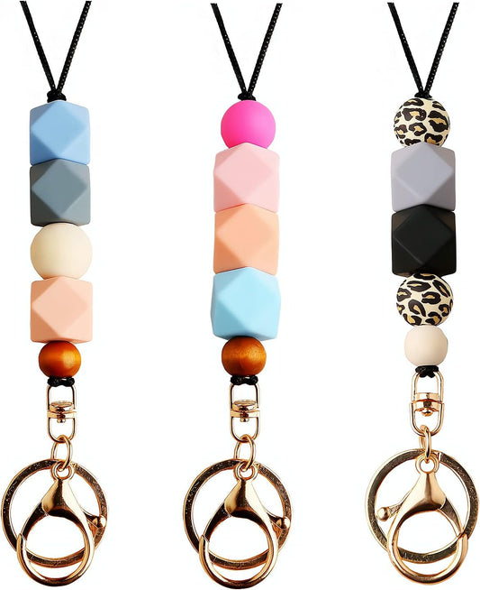 3PCS Teacher Breakaway Lanyards for Id Badges and Keys, Beaded Cute Badge Lanyards for Women Soft Nurse Necklace Boho Lanyards Fashion Silicone Bead Lanyard