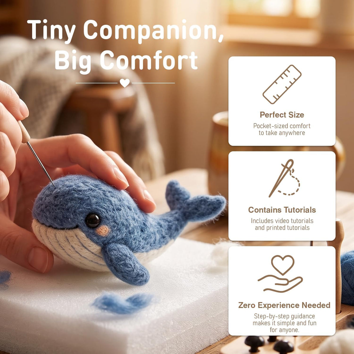 FACE N FACE DIY Needle Felting Kit Cute Blue Whale – Needle Felting Starter Kit with Fiber Roving, Needles, Felting Pad & Instructions | Felted Ocean Animal Kit for Beginners Adults | DIY Craft Gift