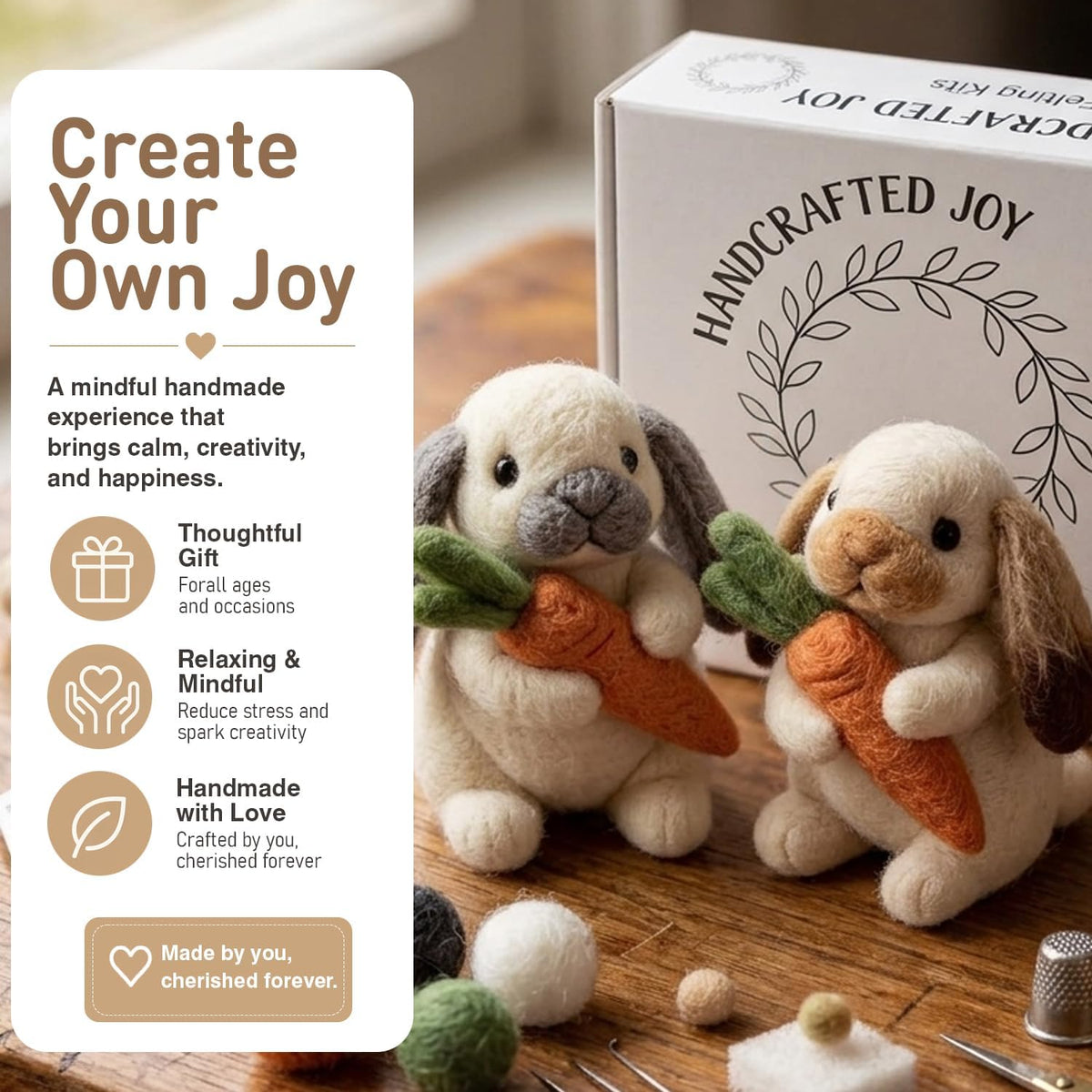 DIY Needle Felting Kit Cute Brown Lop-Eared Bunny Holding Carrot – Needle Felting Starter Kit with Fiber Roving, Needles, Felting Pad & Instructions | Felted Rabbit Kit for Beginners Adults