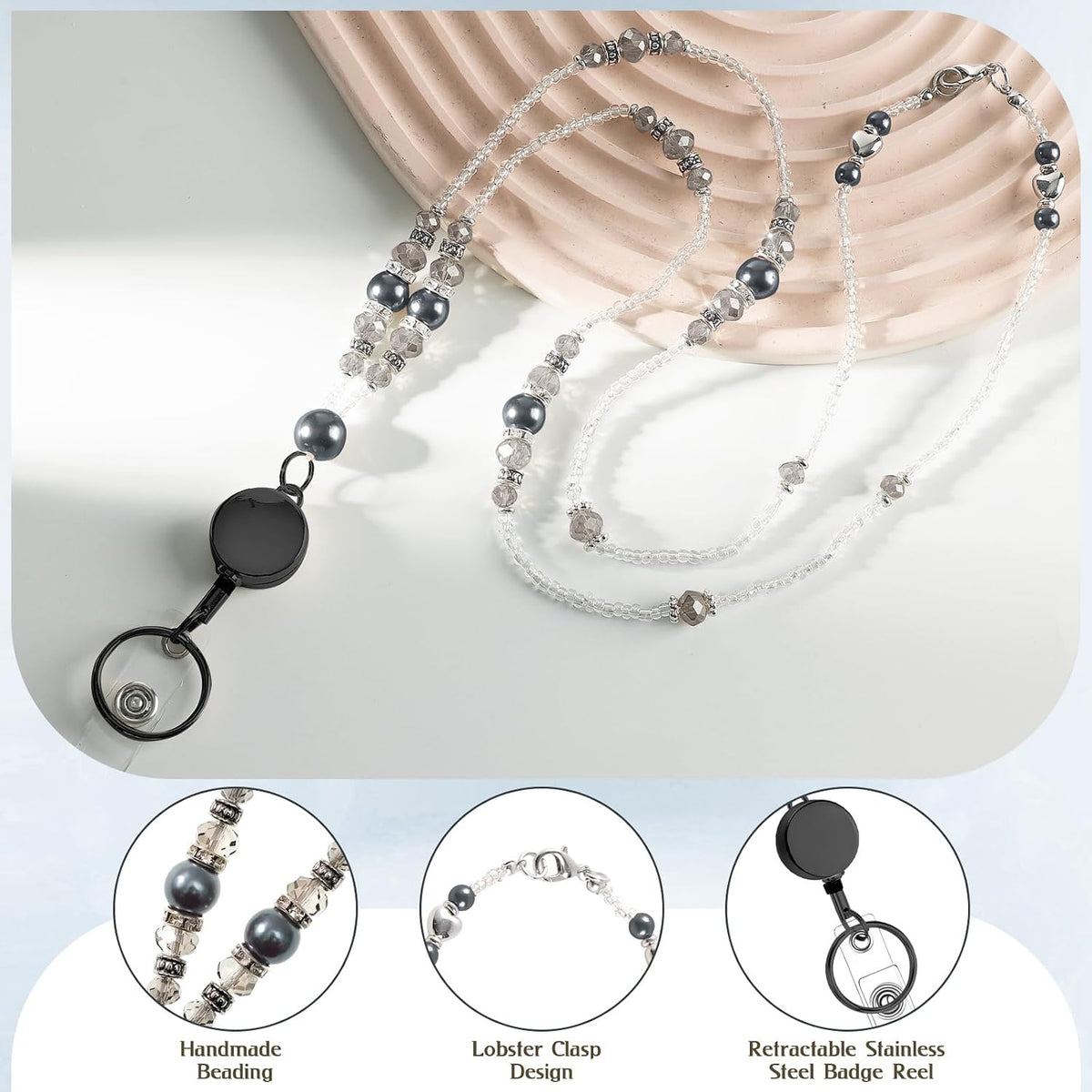 Beaded Teacher Lanyard with Retractable Badge Reel, Black