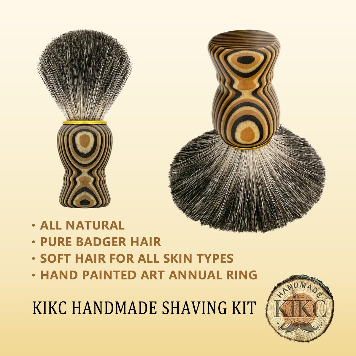 KIKC Hand Crafted Pure Badger Shaving Brush for Wet Shave, Soft Bristle, Art Annual Ring Wood Handle, Best Gift for Bearded Man