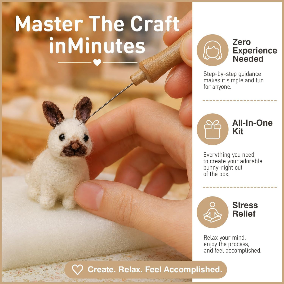 FACE N FACE DIY Needle Felting Kit Realistic White Rabbit Tan Ears – Needle Felting Starter Kit with Fiber Roving, Needles, Felting Pad & Instructions | Felted Rabbit Animal Kit for Beginners Adults